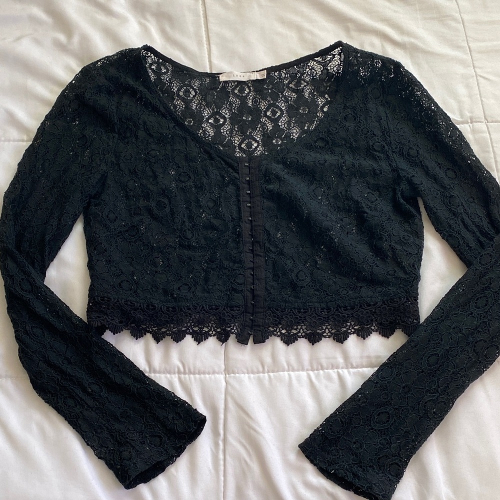 Lush Black Cropped Lace Long-Sleeve Button Front Top